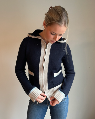 Celeste hood cardigan navy/lyseblå/sand