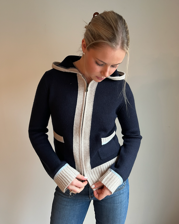 Celeste hood cardigan navy/lyseblå/sand