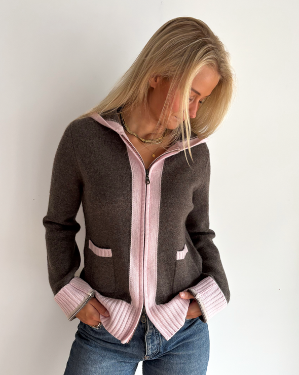 Celeste hood cardigan Mørk brun/sand/lyserosa - KAN FORHÅNDSBESTILLES NÅ