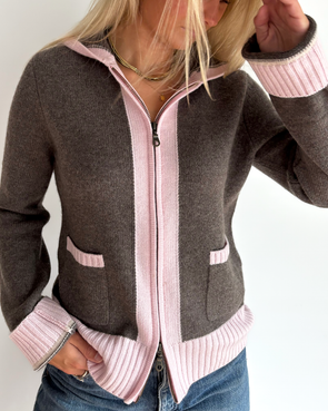 Celeste hood cardigan Mørk brun/sand/lyserosa