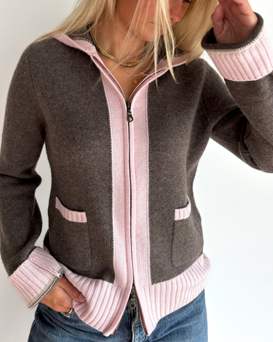 Celeste hood cardigan Mørk brun/sand/lyserosa