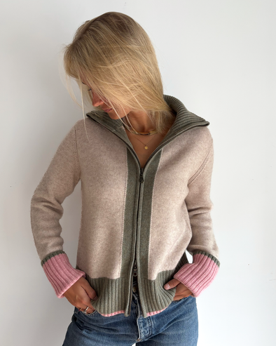 Contrast cardigan Sand/oliven/rosa