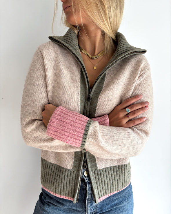 Contrast cardigan Sand/oliven/rosa