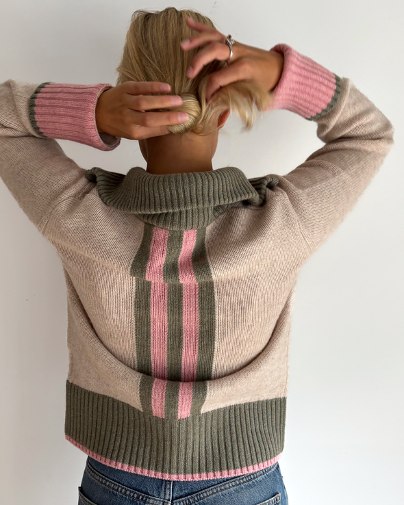 Contrast cardigan Sand/oliven/rosa