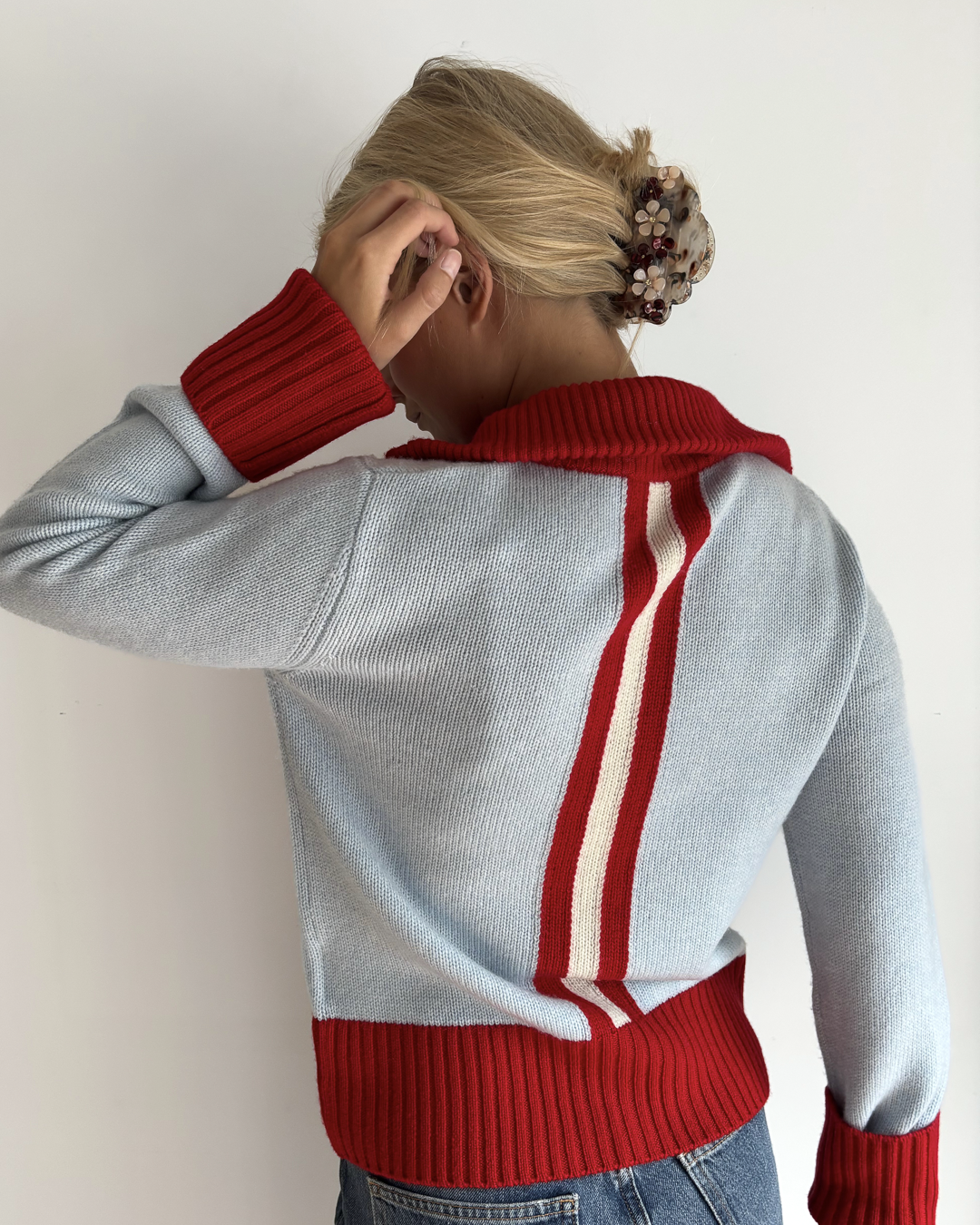 Contrast cardigan Lyseblå/rød/offwhite