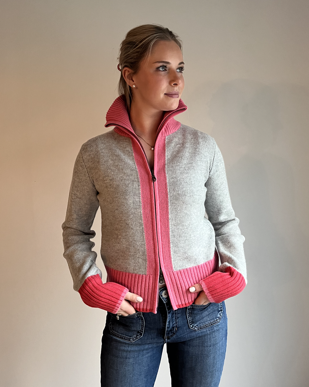 Contrast cardigan Grå/rosa/lyserosa