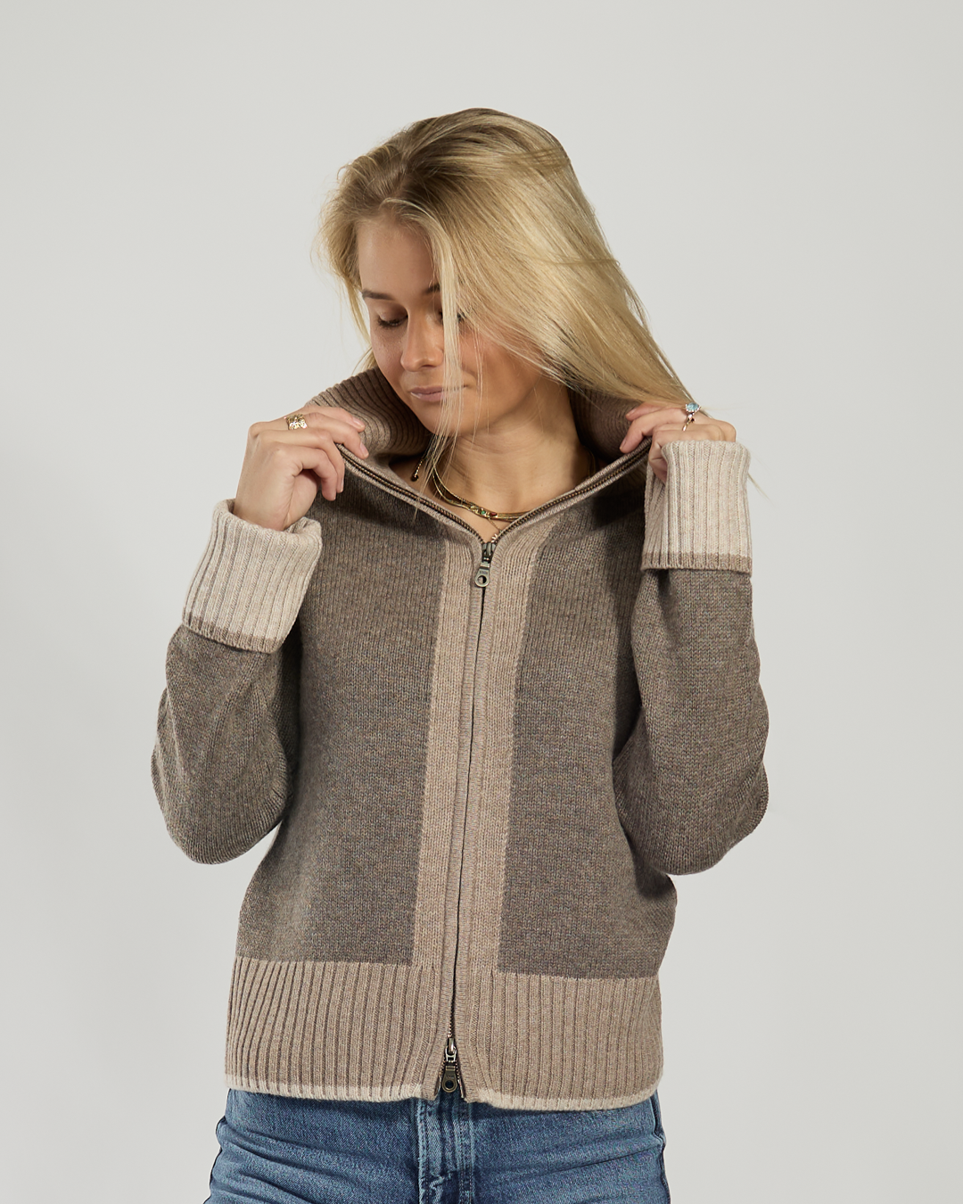 Contrast Cardigan Brown/Sand/Off-white