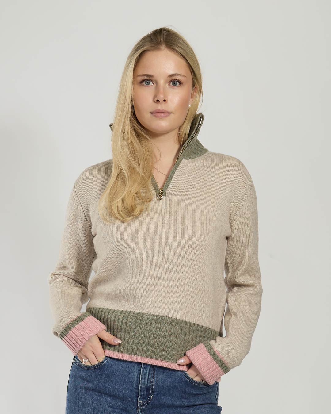 Zip sand/oliven/rosa