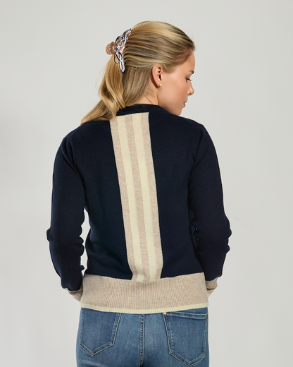 Nicky round neck kashmir - Navy/sand/lysegul