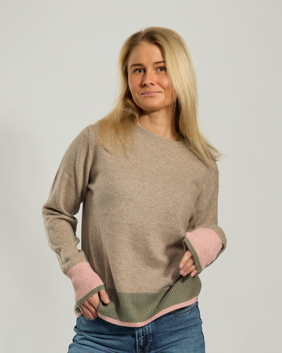 Nicky round neck kashmir - Sand/oliven/rosa