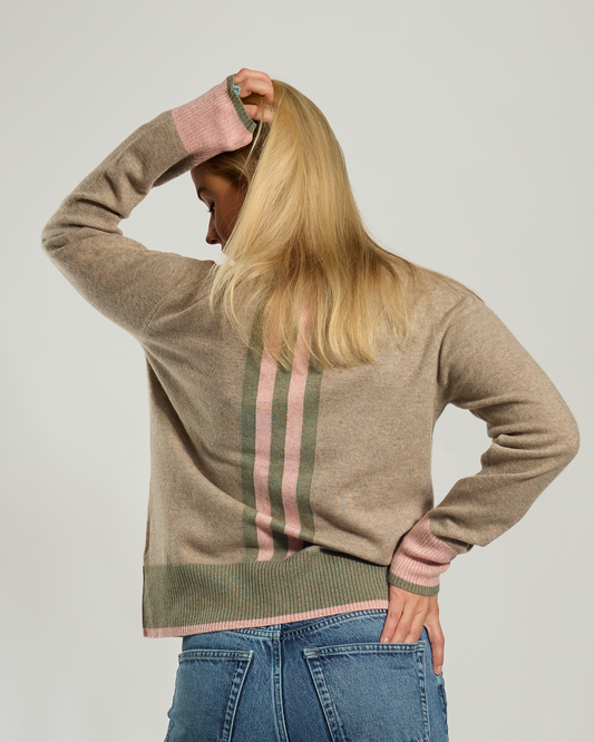 Nicky round neck kashmir - Sand/oliven/rosa