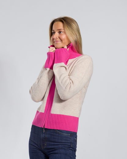Contrast cardigan Sand/rosa overstock
