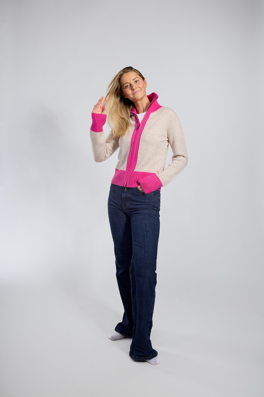 Contrast cardigan Sand/rosa overstock