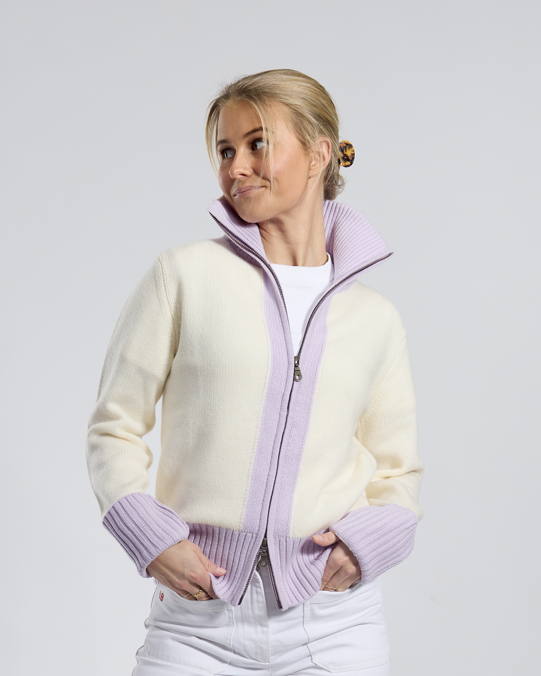 Contrast cardigan Off-white/light lavender