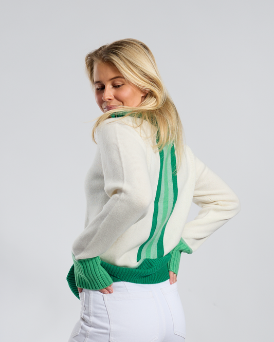 Contrast cardigan kashmir offwhite/grønn/lysgrønn- overstock