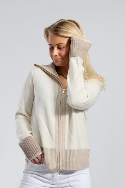 Contrast cashmere cardigan Off-white/light sand/sand