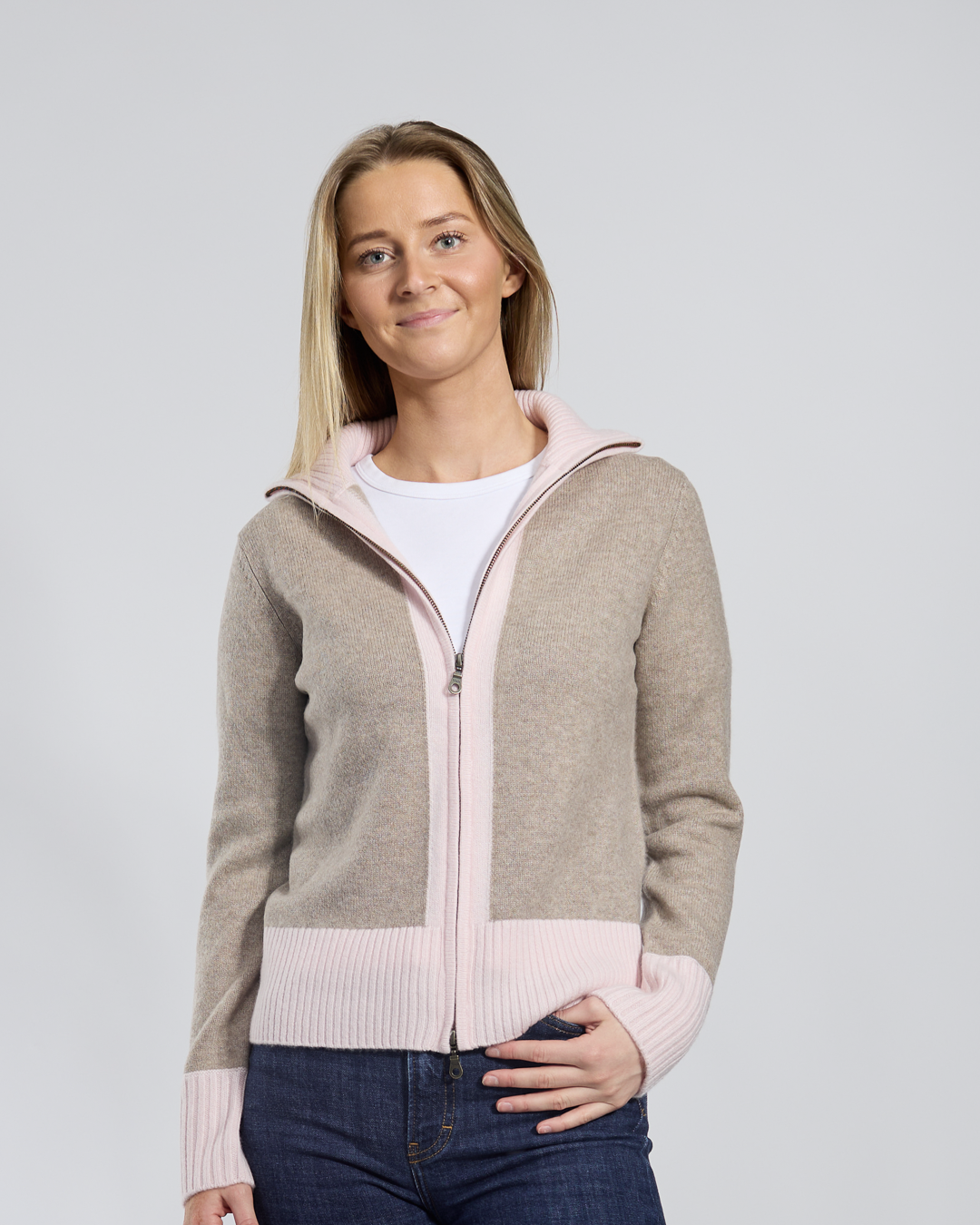 Contrast cardigan kashmir Sand/lysrosa