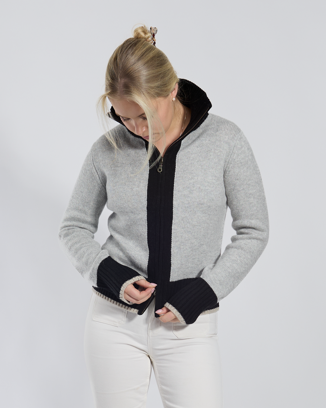 Contrast cardigan Grå/svart/sand