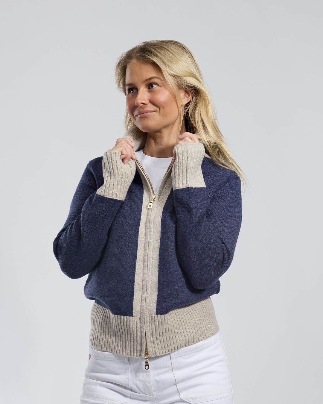 Contrast cardigan kashmir navy/sand
