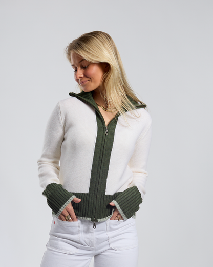 Contrast cardigan Offwhite/oliven/lysegrønn
