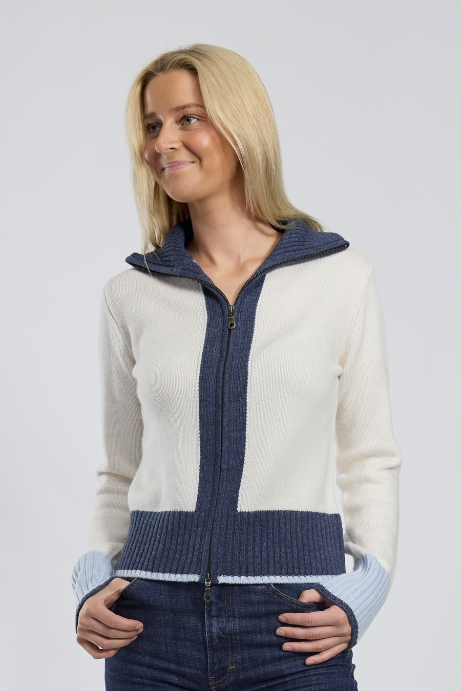 Contrast cardigan Offwhite/navy/light blue