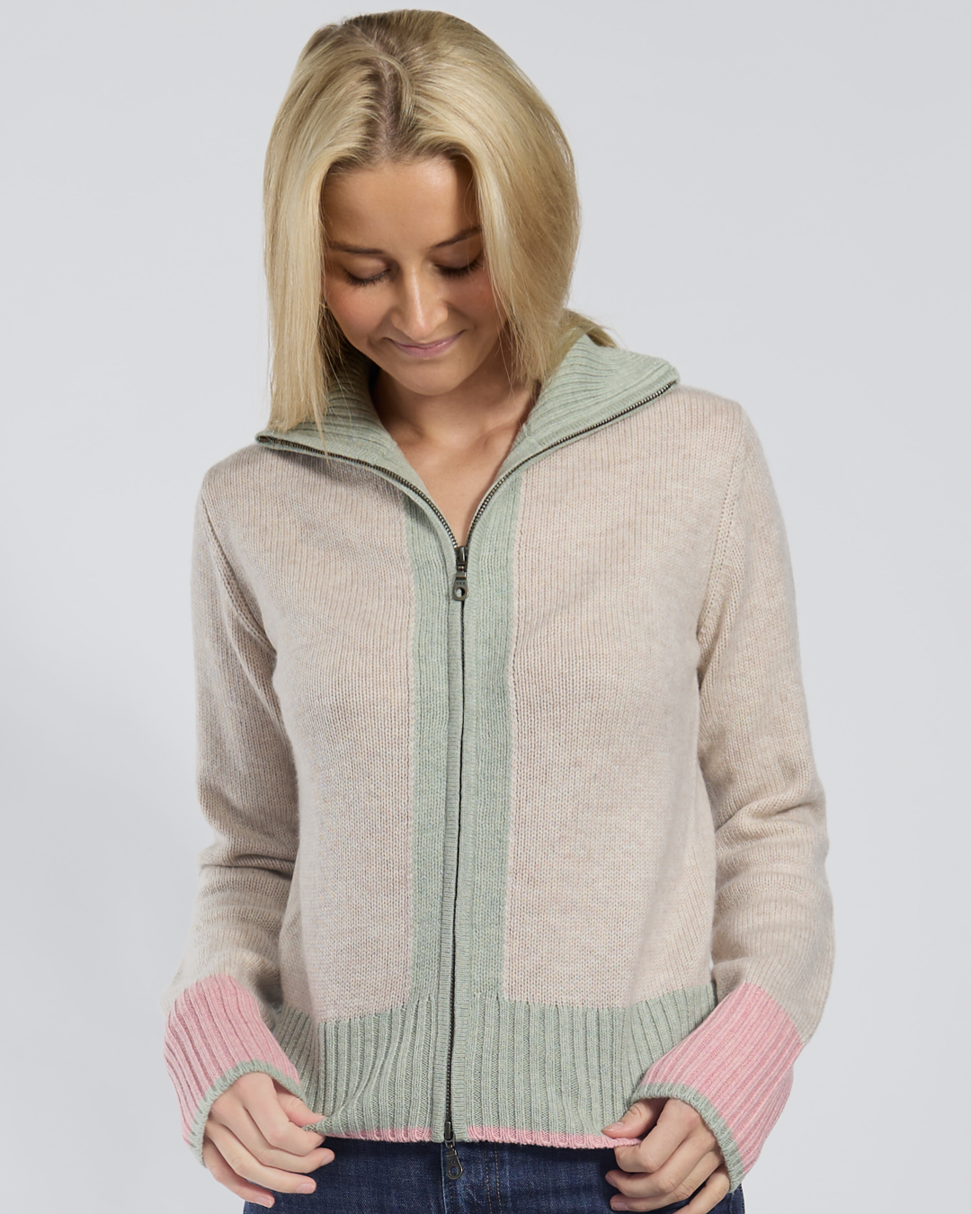 Contrast cardigan Sand/olive/pink