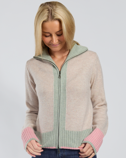 Contrast cardigan Sand/olive/pink