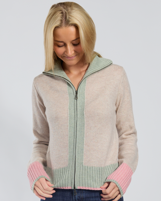 Contrast cardigan Sand/lys oliven/rosa