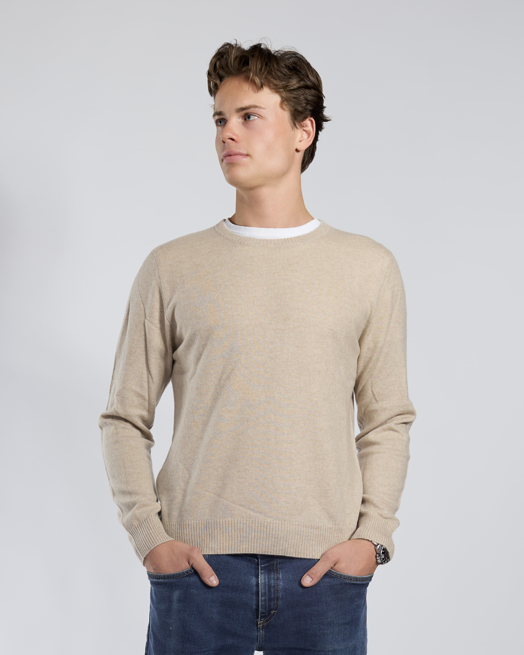 William round neck herre Kashmir - Sand / offwhite