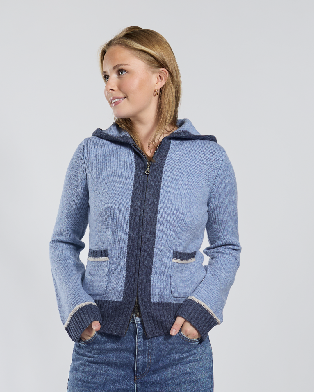 Celeste hood cardigan mellomblå/navy/sand
