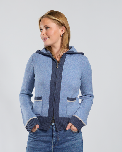 Celeste hood cardigan mellomblå/navy/sand