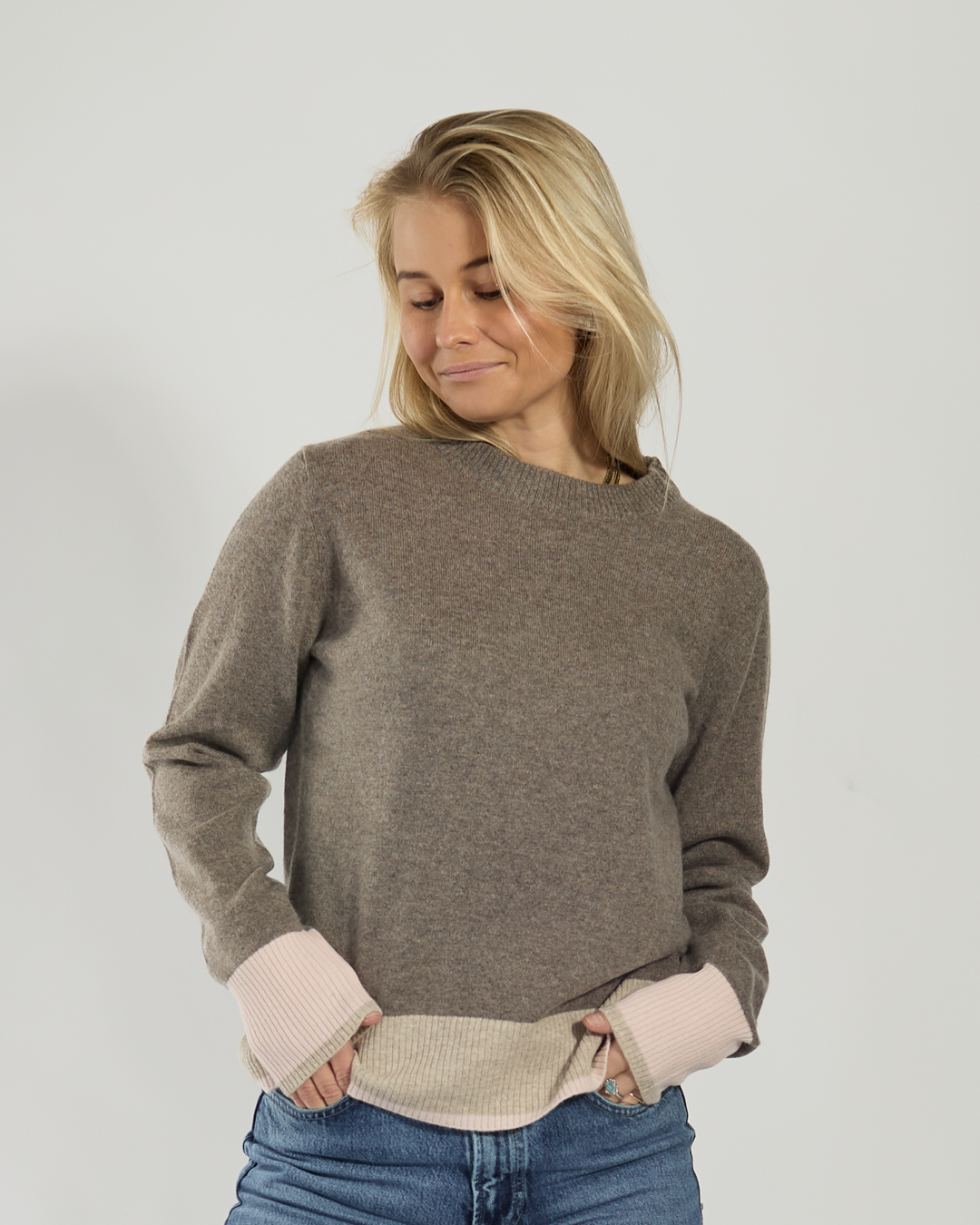 Round neck cashmere - Sand/pink