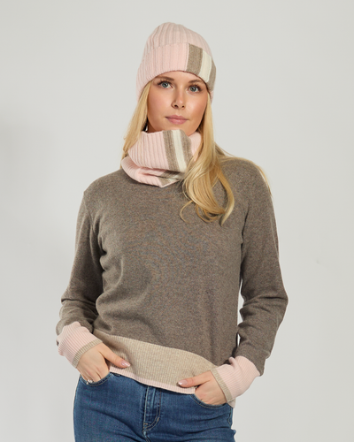 Nicky round neck kashmir - Mørksand/sand/lyserosa