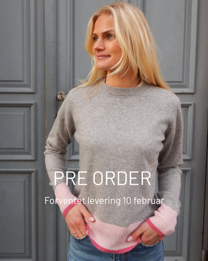 PRE ORDER Nicky round neck kashmir - Grå/rosa/lyserosa