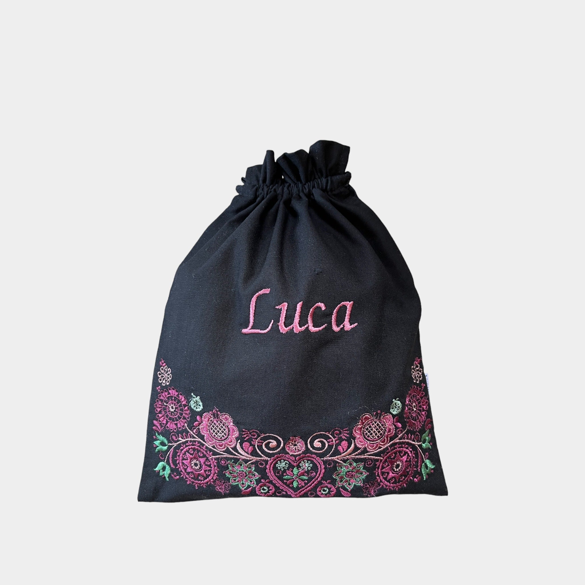 Oppbevaringspose svart - burgunder/rosa/grønn