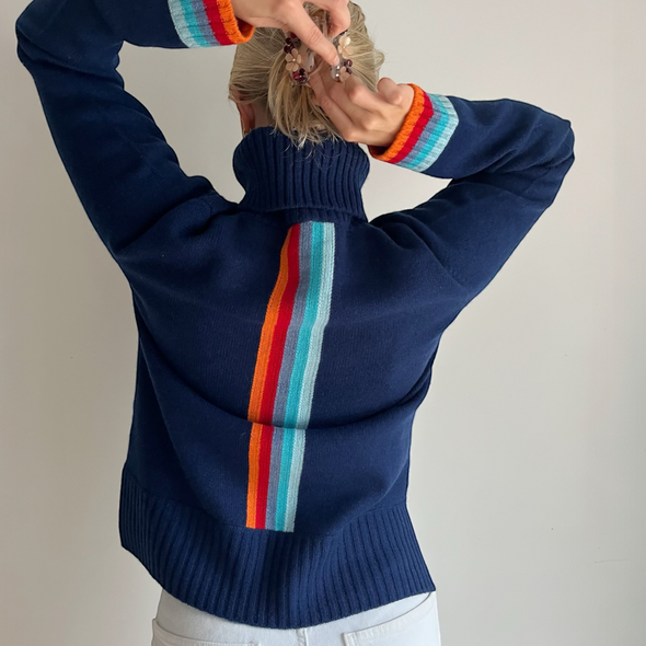 Roll neck jumper - Navy / rainbow