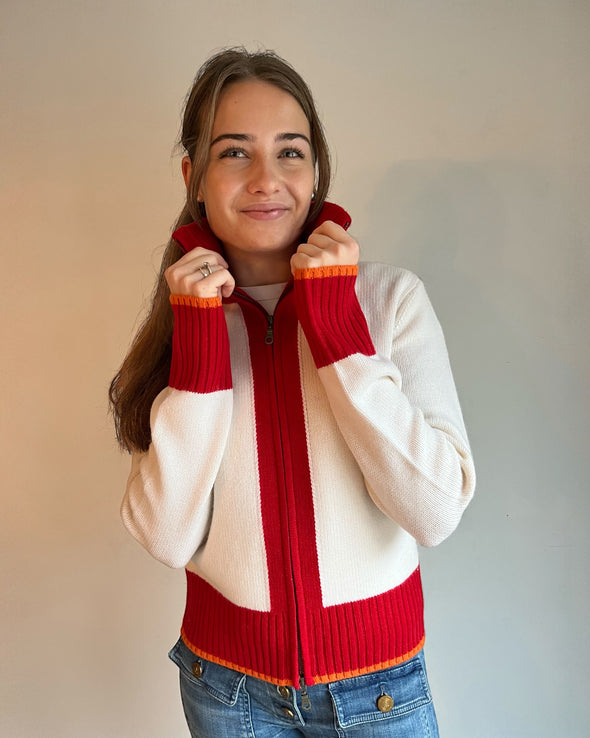 Contrast cardigan offwhite/rød/oransje rainbow