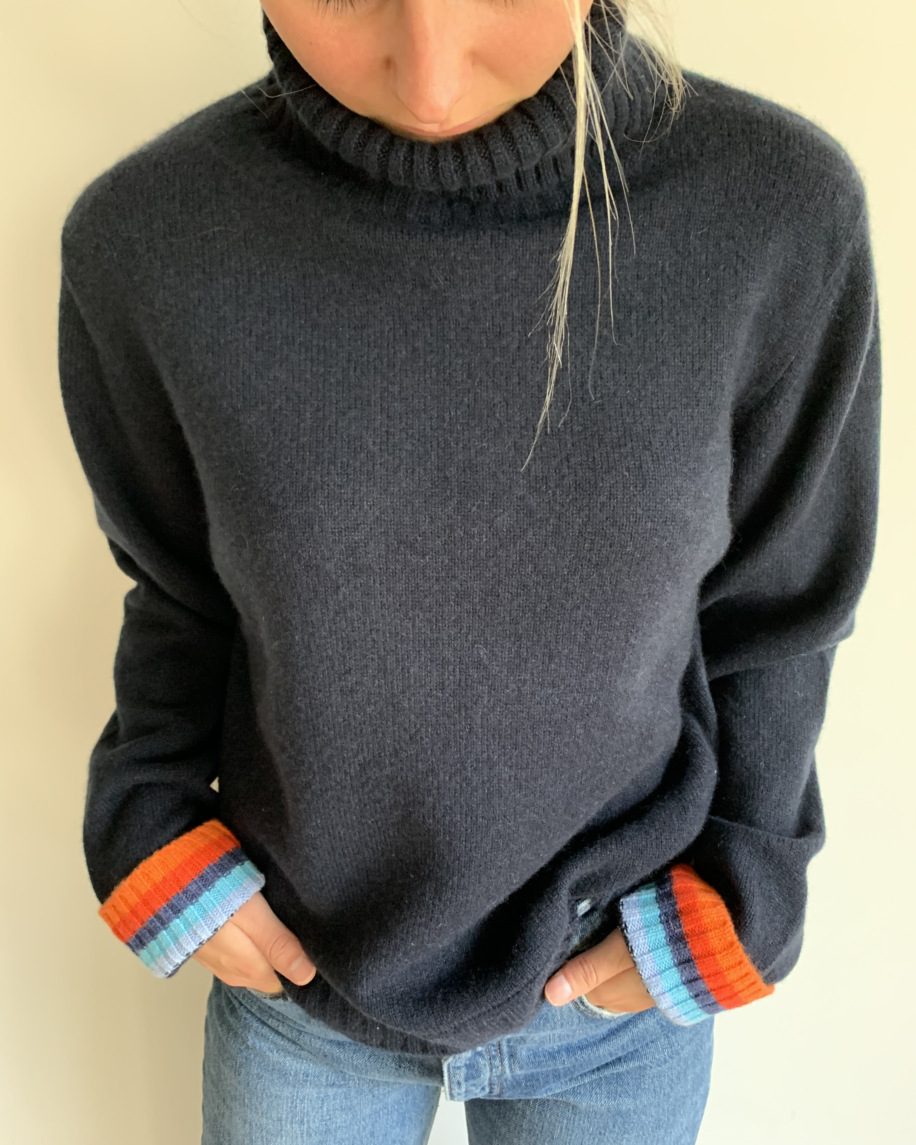 PRE ORDER - Roll neck jumper - Navy/rainbow