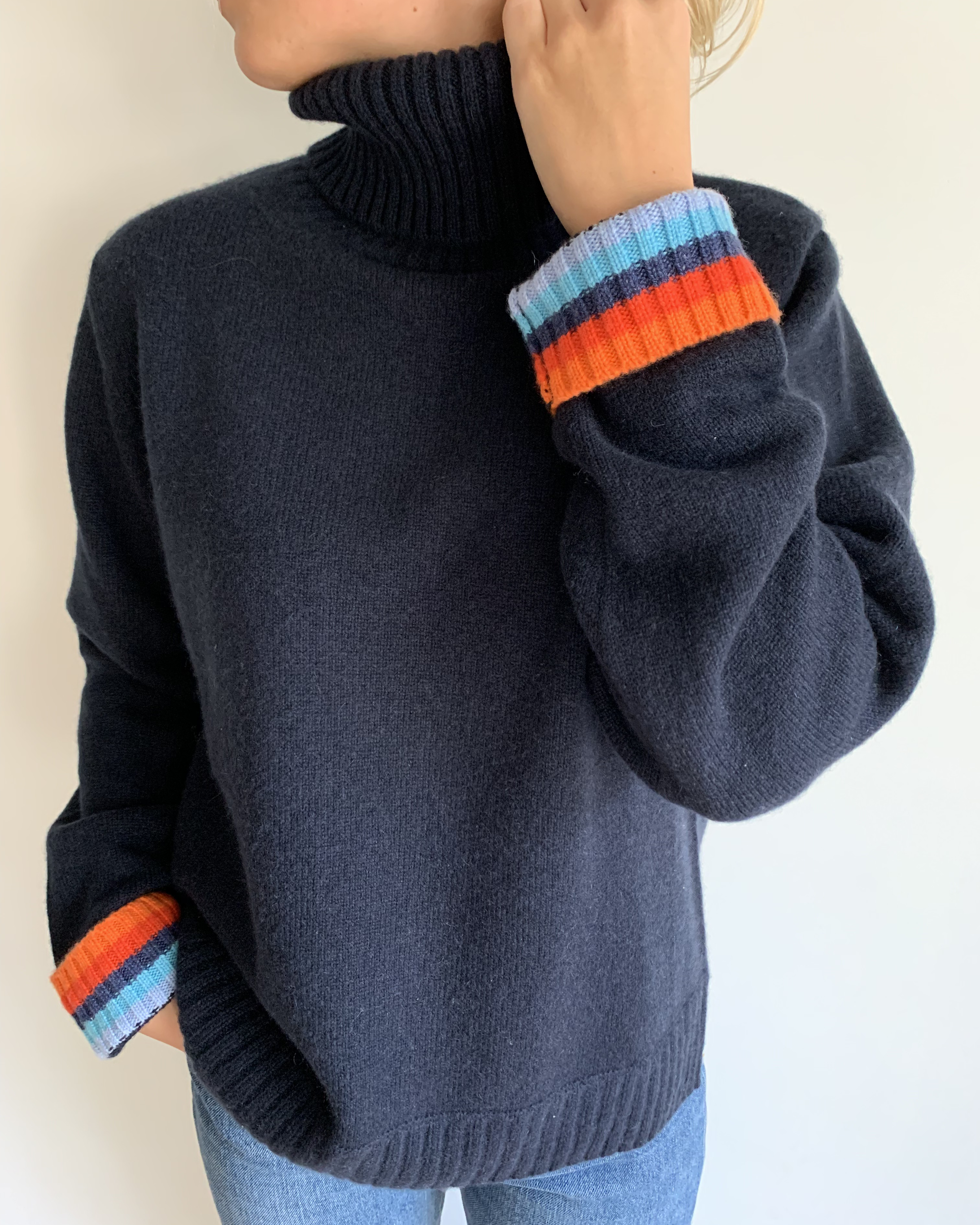 PRE ORDER - Roll neck jumper - Navy/rainbow