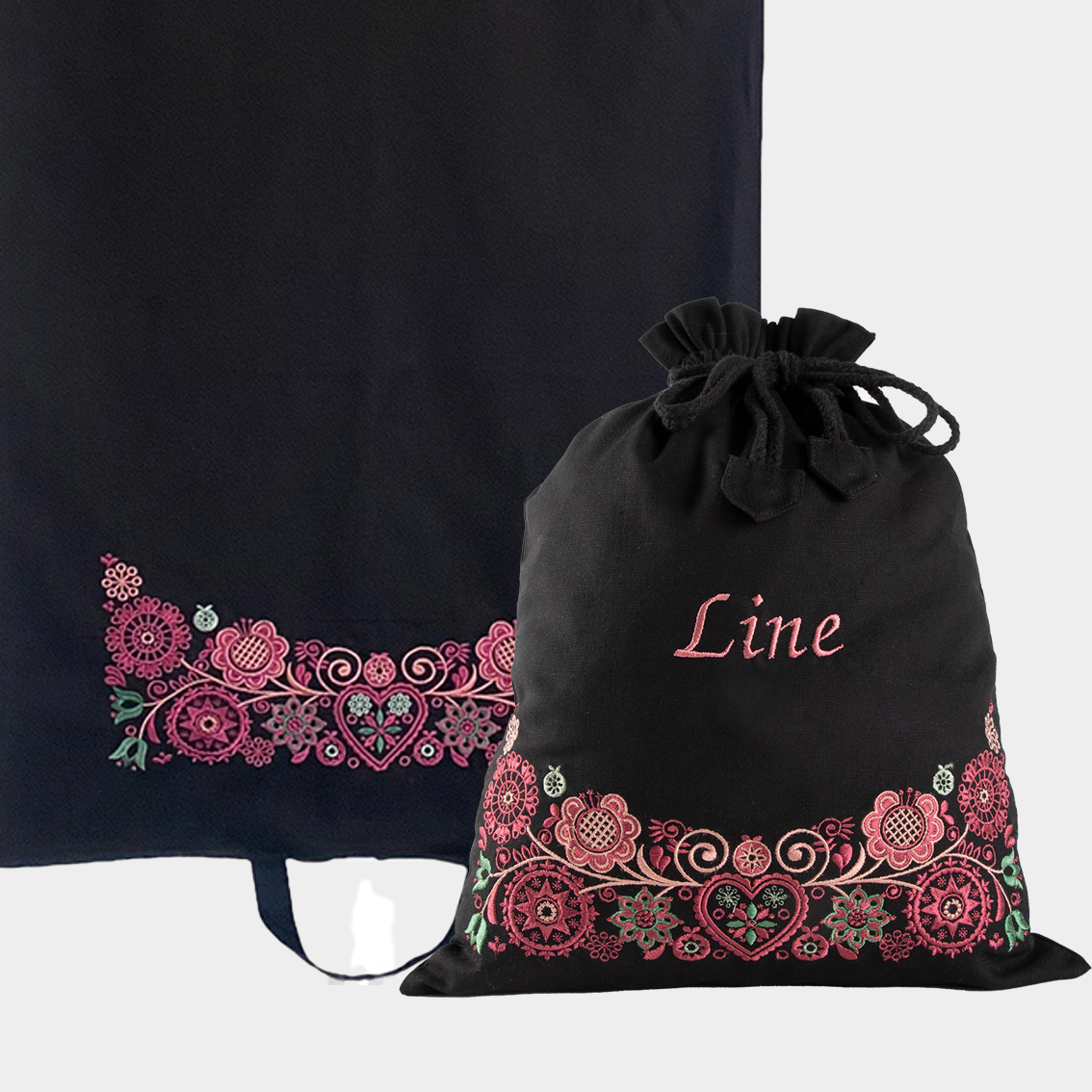 Bunadssett 2 poser i svart - burgunder/rosa/grønn