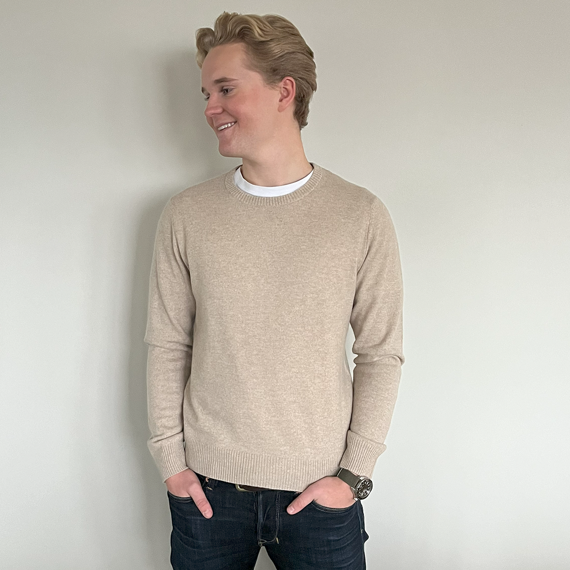 William round neck herre Kashmir - Sand / offwhite