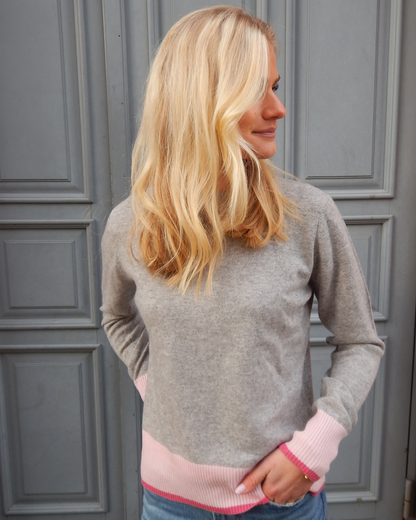 PRE ORDER Nicky round neck kashmir - Grå/rosa/lyserosa