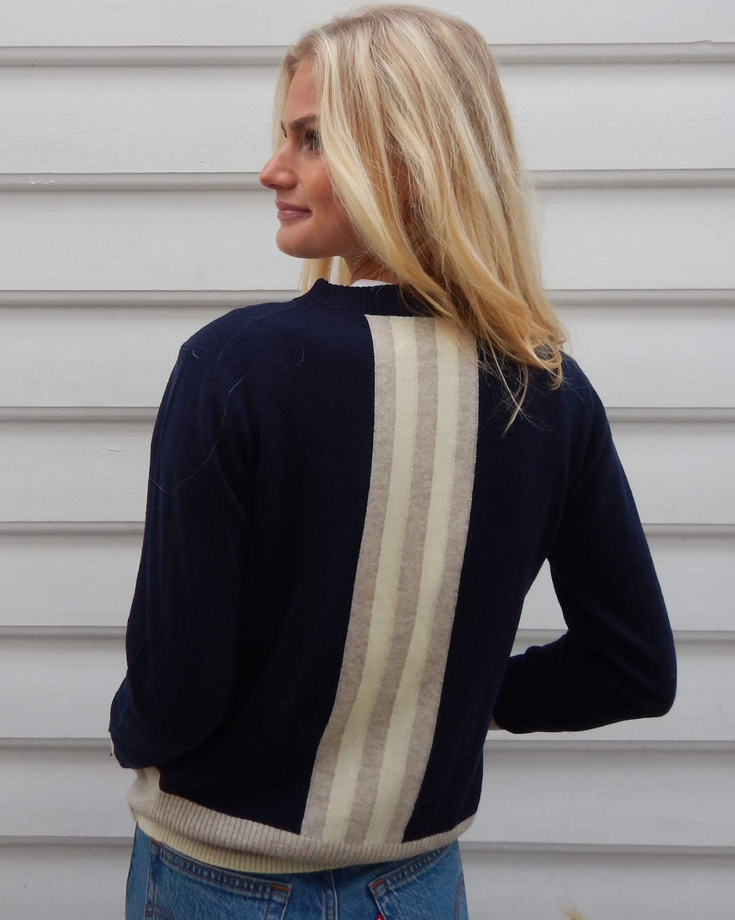 PRE ORDER Nicky round neck kashmir - Navy/sand/lysegul