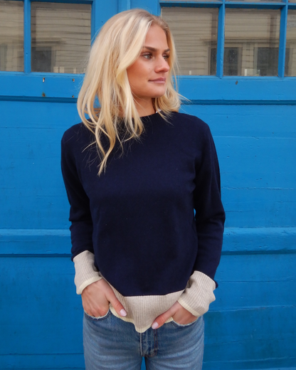 PRE ORDER Nicky round neck kashmir - Navy/sand/lysegul
