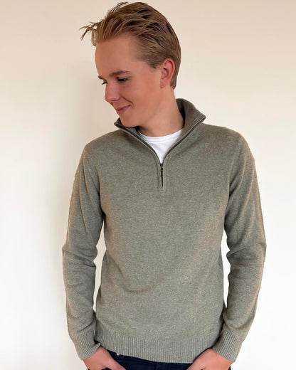 Christian half zip herre kashmir - lys oliven/sand