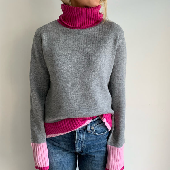 Roll neck jumper - Grå / cerisse/lyserosa