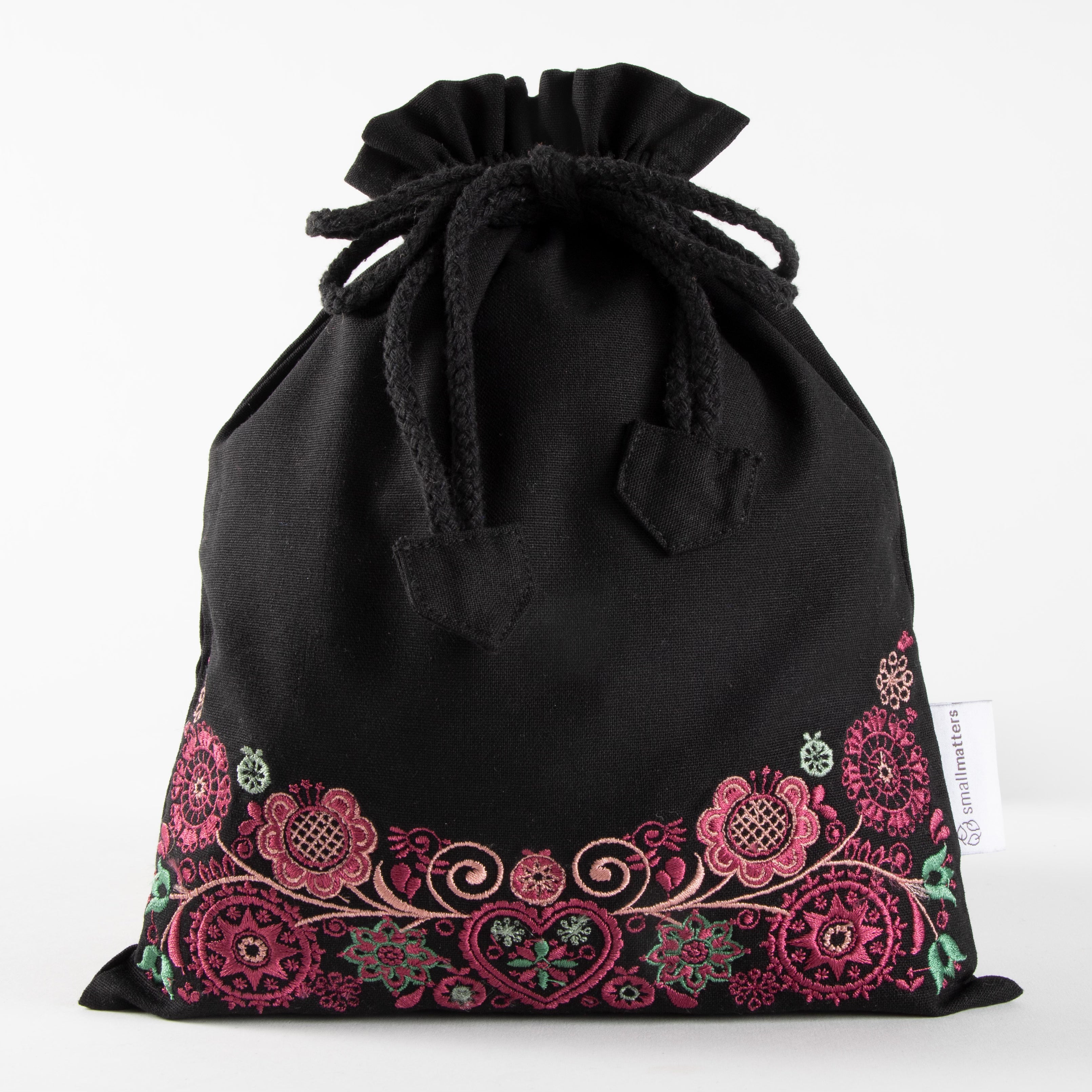 Oppbevaringspose svart - burgunder/rosa/grønn