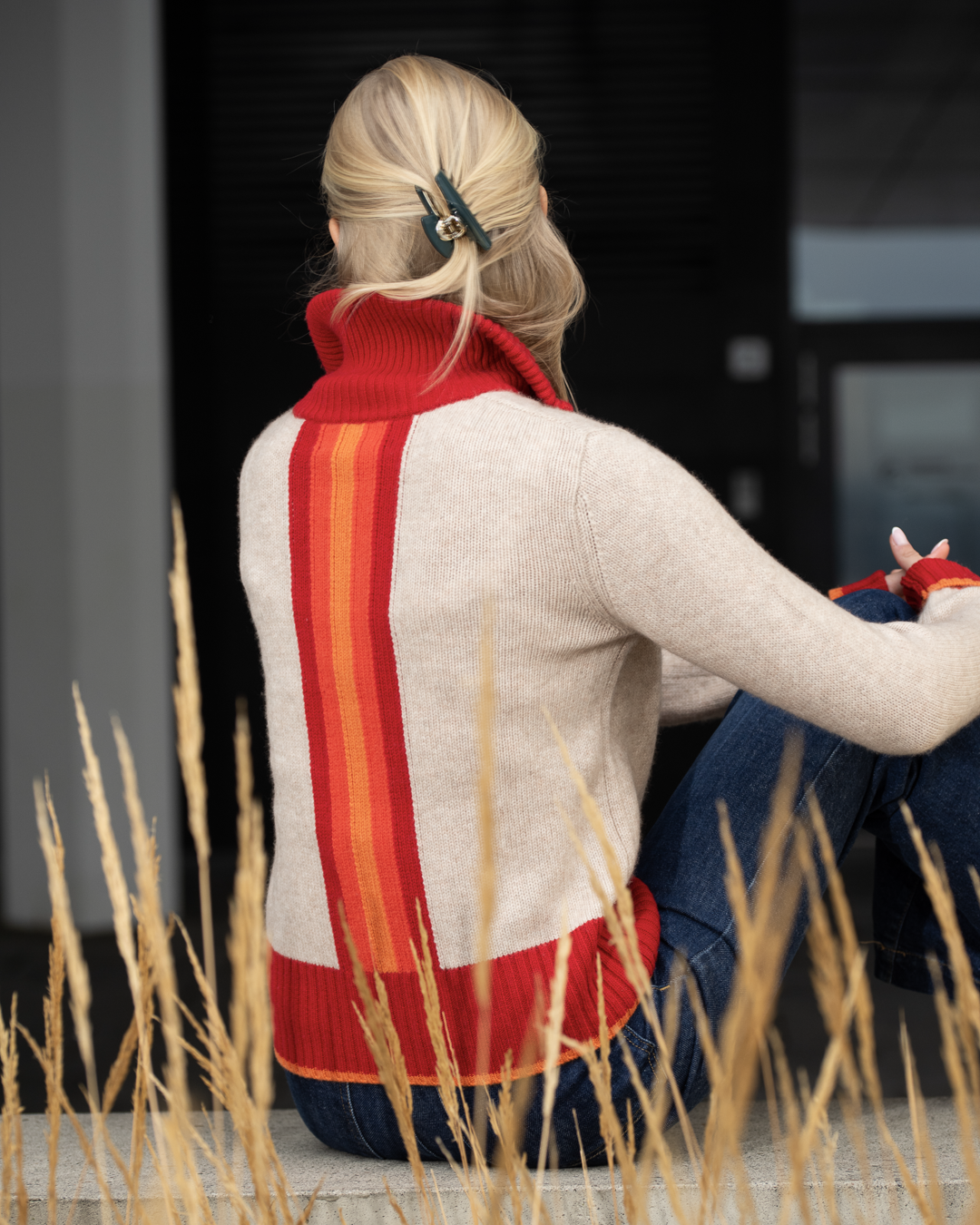 Contrast cardigan Sand/rød/oransje