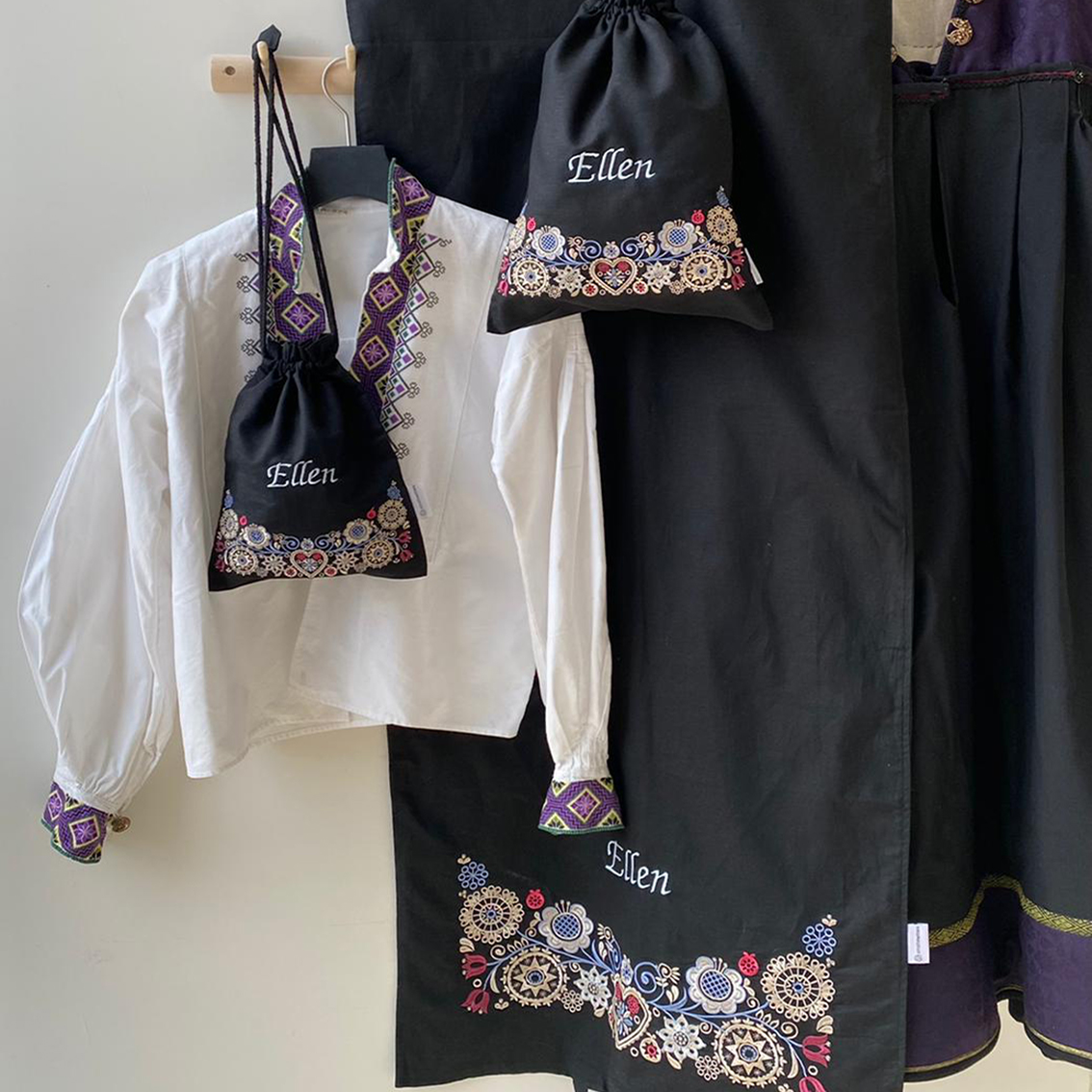 Bunadssett 3 poser i svart- sand/ pastell