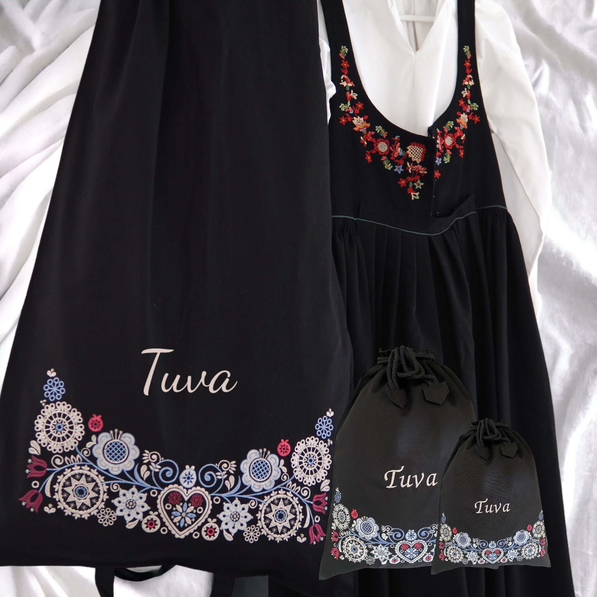 Bunadssett 2 poser i svart- sand/ pastell